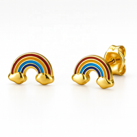 J.J. BRAVO Pendientes de botón de oro amarillo de 14K 585 con esmalte arcoíris, estilo lindo, sin níquel, sin plomo, para niñas, moda infantil, uso diario
