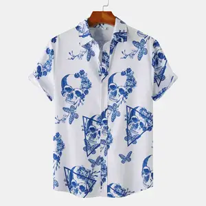 Chaoqi 브랜드 도매 하이 퀄리티 면 소재 해골 인쇄 셔츠 하와이 셔츠 사용자 정의 해골 디자인 t 셔츠
