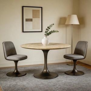 Popular <b>Round</b> Natural Travertine <b>Top</b> with Iron Pedestal Travertine Dining <b>Tables</b> - Product Image 5