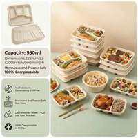 Fabriksprijs 950ml 4-delige composteerbare maïszetmeel magnetronbestendige brood- en voedselverpakking met deksel, heavy-duty catering bento box