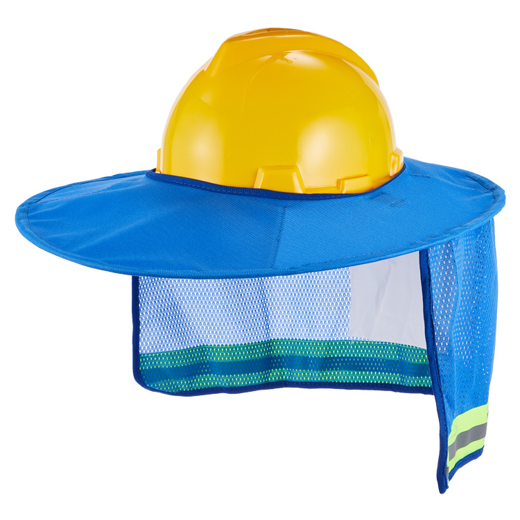 Blue Hard Hat Sun Shade Visor - Full Brim Mesh Neck With Hi-Vis Reflective Stripe For Safety Helmets