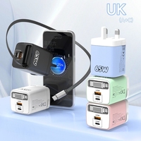Cargador de Viaje GaN de 65W, Adaptador de Pared con Enchufe Retráctil para EE. UU., Reino Unido y UE, Carga Rápida PD3.1 3.0 para Macbook y Teléfono Móvil