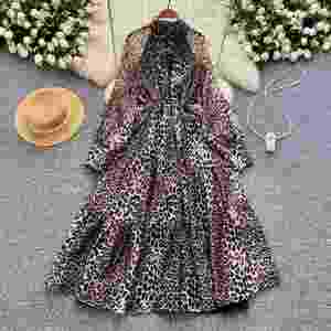 Vestido Midi Casual Estilo Americano de Otoño para Mujer, Vestido de Malla con Estampado de Leopardo, Corte Imperio, Negro y Blanco - Product Image 4