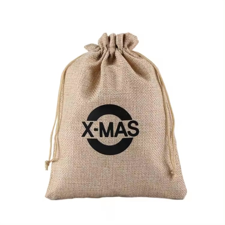 Natural eco-friendly jute packaging christmas drawstring gift bag with customized logo