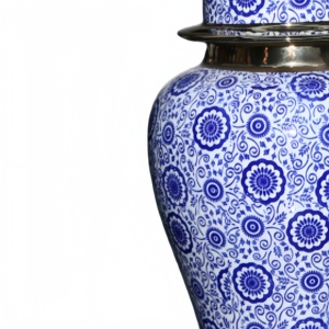 Pot de rangement en céramique chinoise peint à la main, motif floral Art Déco bleu et blanc avec accents dorés, écologique, pour la décoration de villa - Product Image 5