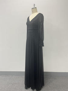 Trendy Luxus Abendkleider Tüll Langarm V-Ausschnitt Split A-Linie gefüttert Ballkleider Glänzende schwarze Brautjungfer kleider - Product Image 5