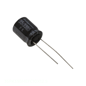 Condensador de Canal de Fabricante 35PK330MEFC10X12.5 330 uF de Orificio Pasante, Aluminio, 330UF 20% 35V, Tipo TH Radial - Product Image 1