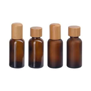 Botol Kaca Amber Beku 30Ml 1 Oz, Botol Kaca Coklat, Botol Minyak Esensial dengan Tutup Sekrup Bambu 18/410 untuk Minyak Esensial