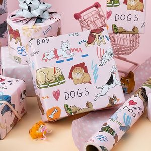 Papier cadeau de Noël et de la Saint-Valentin avec motif de chiot coloré de dessin animé, impression recto-verso, personnalisable - Product Image 1