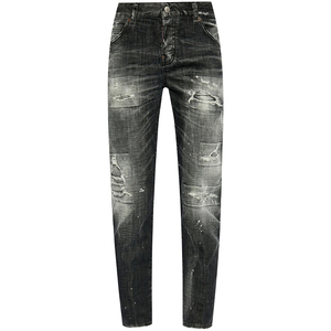 Jeans <span class=keywords><strong>Skinny</strong></span> da Donna Neri a Vita Media Personalizzati con Ricami e Patch Effetto Usurato, Lavaggio Distressed, Effetto Push-Up, Dettagli Bianchi, in Denim - Product Image 5