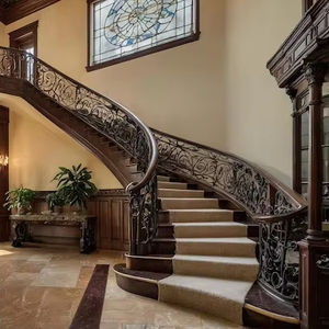 이중 곡선 계단 디자인, 단조 철 난간, 목재 계단, 포산 공급업체 - Product Image 6