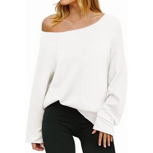 Fisoew Sudadera con hombros descubiertos para mujer, manga larga, corte holgado, color blanco - Product Image 1