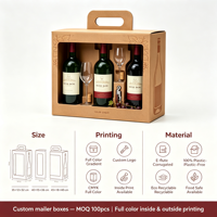 Boîte en carton ondulé personnalisée avec poignée, boîte de présentation avec fenêtre, boîte cadeau, carton pour bouteille de vin, emballage cadeau pour bouteille de vin