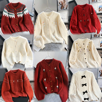 Femmes brodé Floral tricot Cardigan pull tissé à la main épais laine col en v à manches longues bouffantes en gros hiver Cardigan pull