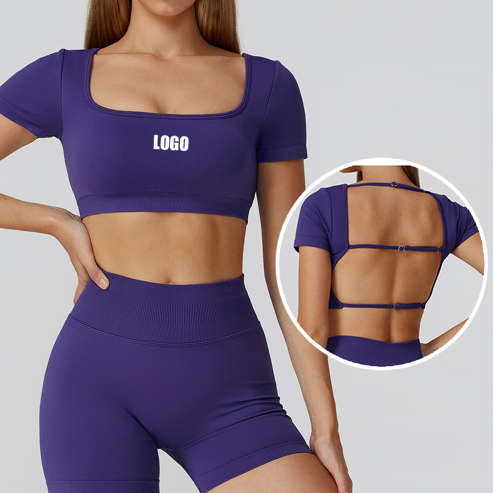 Activewear Ropa Deportiva Athletic Gym Workout Tight Sports Bra Yoga Padded Open Back Crop Short Sleeve Femme 2025