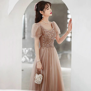 Evening Gown Square Collar A-Line Chiffon Vintage Empire Waist Khaki Polyester Formal Wear - Product Image 2