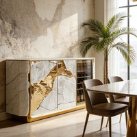 Buffet de rangement moderne de luxe en bois et acier inoxydable pour salon de villa, finition haute brillance, design élégant