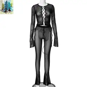 Dropship fall 2024 2024 boutique club wear hollow out sexy mesh two piece pants set