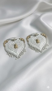 Dual-Tone Filigree Jhumka Drop <b>Earrings</b> <b>Silver</b> & Gold Deity Statement Dangles Wedding <b>Pearl</b> Droplet Temple Jewelry - Product Image 3