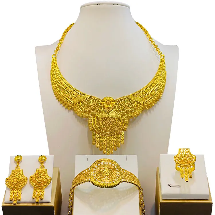 Conjunto de joias banhadas a ouro 24k, conjunto de joias enchidas de noiva estilo africano, colar, brincos e presentes de casamento, joias para mulheres