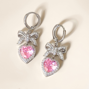 Pendientes de Aro Colgantes con Lazo y Piedra de Corazón Rosa de Circonita Cúbica Chapados en Oro para Mujer, al por Mayor, de Moda - Product Image 3