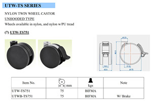 High Quality Premium <b>Plastic</b> Twin Nylon <b>Wheels</b> 75mm Diameter Swivel Caster BIFMA Certified Traditional Design Furniture/Chairs - Product Image 2