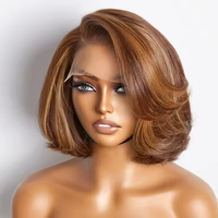 Perruque Humaine Luxe avec Mèches Colorées 5x5, Lace Closure, Cheveux Courts Dégradés, Ondulés, Lace Frontal, Coupe Pixie Bob