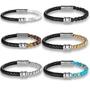 Pulsera de Moda con Cuentas de Piedra de Lava y Ojo de Tigre Natural de Lujo, Cierre Magnético de Acero Inoxidable, Pulsera de Cuero para Yoga - Product Image 2