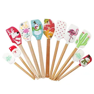 Christmas Series Cartoon Pattern Silicone Scraper Wooden Silicone Spatula With Wooden Handle