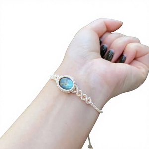 Handmade Cream Macrame Labradorite <b>Bracelet</b> Boho <b>Gold</b> Beaded <b>Adjustable</b> Cuff for Women - Product Image 1