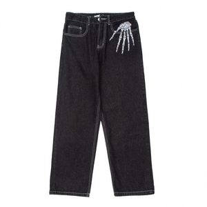 Pantalones vaqueros unisex de cintura alta, holgados, largos, estilo Hip Hop, con estampado de mano de calavera, estilo urbano, tendencia nacional, estilo americano, Harajuku, Y2K - Product Image 4