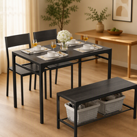 Ensemble de table à manger noire moderne avec 2 chaises et banc de rangement, structure en métal, meubles de cuisine et de salle à manger pour la maison et l'appartement