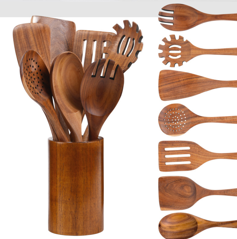 Hot Selling Natural Teak Wood Kitchen Cooking Utensils Set with Spatula Dishwasher Safe for Kitchen Use · image 4