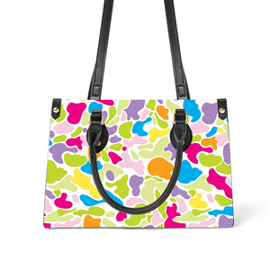 Bolso de mano de piel sintética con estampado de camuflaje multicolor personalizado al por mayor para mujer, con correa para el hombro y asa superior, estilo Cloud Camo - Product Image 1