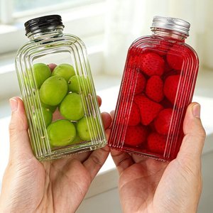 Botella <span class=keywords><strong>de</strong></span> Vidrio Cuadrada <span class=keywords><strong>de</strong></span> 350 ml con Rayas para Jugo, Bebidas y Licores - Product Image 2