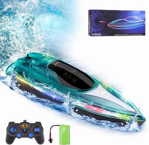 Bateau de course télécommandé V555 rapide avec lumières LED, étanche, haute vitesse, modèle de jouet pour piscine et lac - Product Image 1