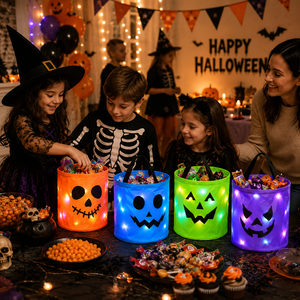 Secchiello per Dolcetti di Halloween per Bambini, Sacchetti Luminosi a Forma di Zucca, Cestini LED per Dolcetti di Halloween, Borsa Riutilizzabile per Regali e Caramelle - Product Image 1