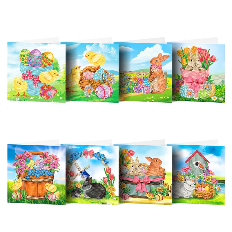 Nieuwe Producten Groothandel Diamond Painting Wenskaarten Easter Egg Bunny 8 Stuks Kit Diy Cartoon Diamond Art Kaarten Voor Kinderen