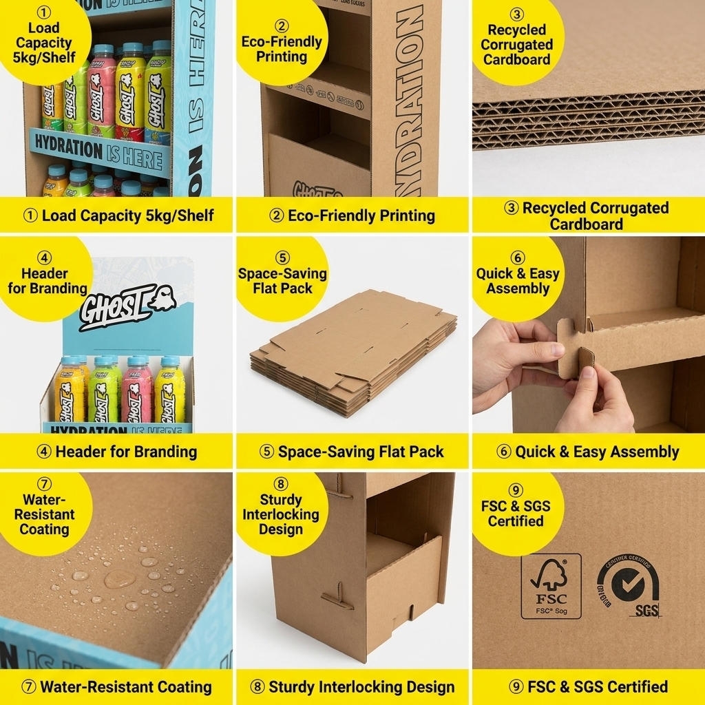 Wholesale Custom Floor Standing Cardboard Beverage Display Stand Retail Energy Drink Juice Bottle Rack POS Display Shelf ODM OEM — view 5