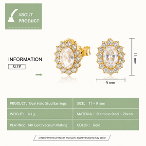 Boucles d'oreilles ovales Halo, en acier inoxydable et zircon avec placage sous vide or 14 carats, options de couleur or et argent - Product Image 2