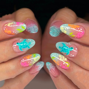 Uñas Postizas con Diseño Floral de Tortuga Marina, Cobertura Completa, 24 Piezas, Forma Almendrada, Pre-Diseñadas para Mujeres - Product Image 1