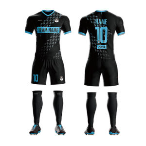 ชุดเสื้อฟุตบอลพิมพ์ลายแบบซับลิเมชั่นสำหรับเด็ก ผู้ชาย ผู้หญิง ฤดูหนาว สีดำ-ฟ้าอ่อน รับผลิตตามแบบ OEM - Product Image 6