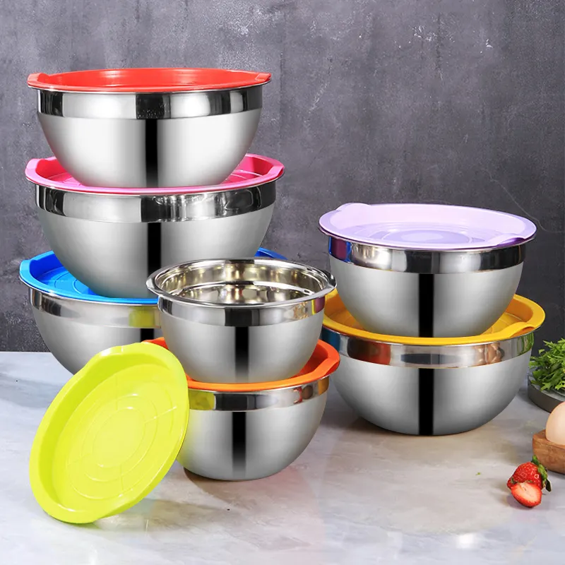Multifunction Wholesale stock factory directly 201Kitchen Salad Bowls Stainless Steel Mixing Bowl Set with Colourful Lid