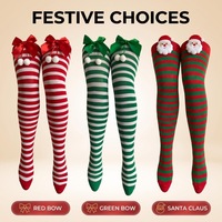 Calcetines navideños a rayas de poliéster por encima de la rodilla con lazos y pompones, diseño en rojo y verde para mujer, calcetines de Papá Noel