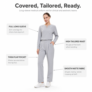 Conjuntos de Uniformes Médicos de Manga Larga con Cuello en V, Pantalones Rectos con Pliegues Altos, Uniforme de Enfermera, Resistente a las Arrugas, Uniformes de Hospital OEM - Product Image 5