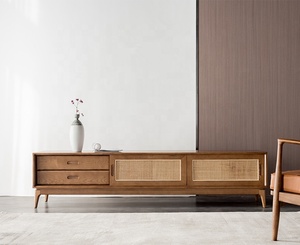 Living room furniture natural wood sliding rattan door flat TV frame TV cabinet