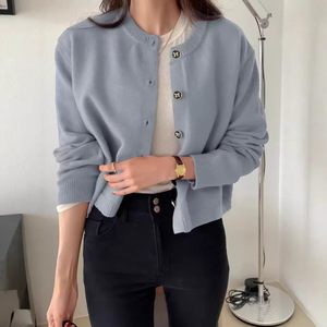 Light Blue Knitted <b>Cardigan</b> One Size Round Neck Solid Color Soft Sweater For Women Spring Autumn Wear - Product Image 1