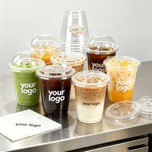 Gobelet en plastique transparent PET avec couvercle plat, personnalisé avec logo, pour boissons, bubble tea, café, vente en gros, 32, 12, 10 oz - Product Image 1