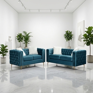 Modern Modular Extendable Tufted Velvet <b>Sofa</b> Set in Teal with <b>Gold</b> Legs Durable & Eco-Friendly for Living Room - Product Image 2