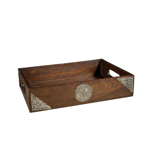 Solid Wood Rectangle <b>Tray</b> Dark Brown With <b>Tin</b> Decor For Desktop Storage And Tea Serving - Product Image 5